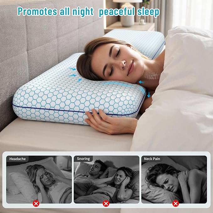 CushyOasis Memory Foam Pillows for Side, Set of 2, Back and Stomach Sleepers, Bed Pillow with Breathable Mesh and Washable Cover, Bed Pillow for Sleeping (Blue, Queen Size)