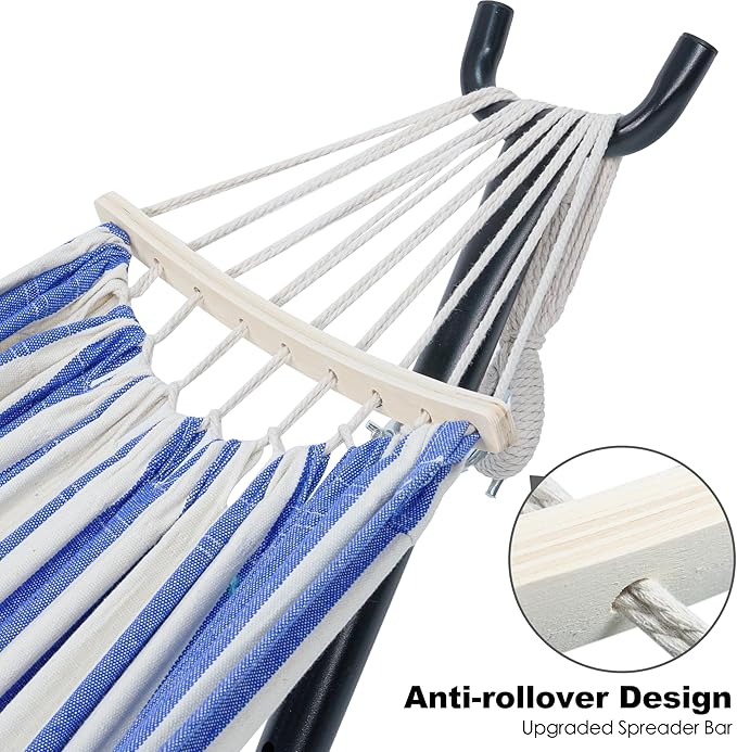 GAFETE Double Hammock with Stand for Outside, Upgraded Spreader Bar, Heavy Duty Space Saving Steel Stand 2 Person, Convenient Pockets, 600lbs Weight Capacity, Indoor & Outdoor (Blue & White)