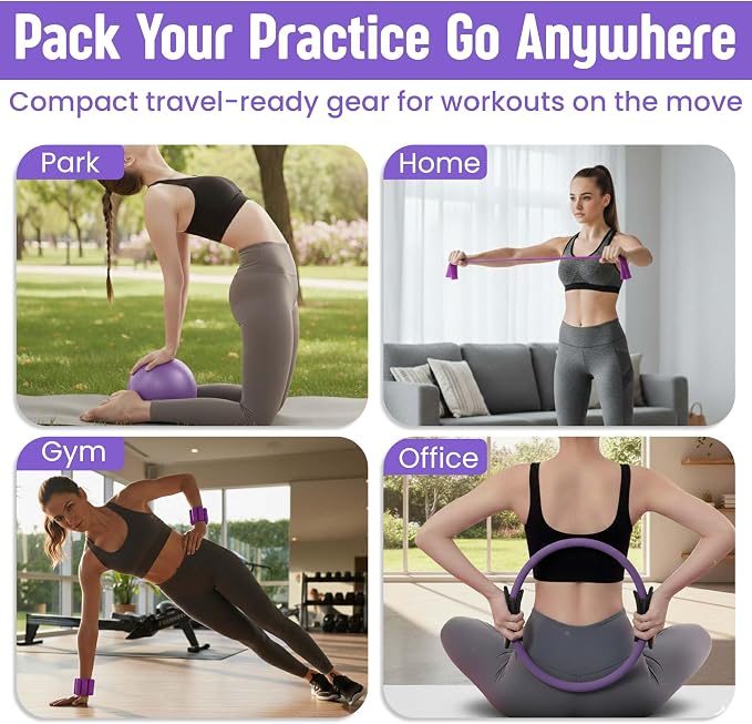 Pilates Kit for Women – 16 Pcs Home Pilates Equipment Set with Magic Circle Ring, Ball, 5 Resistance Bands, Yoga Strap, Ankle Weights, Grip Socks & More | Pilates Starter Kit