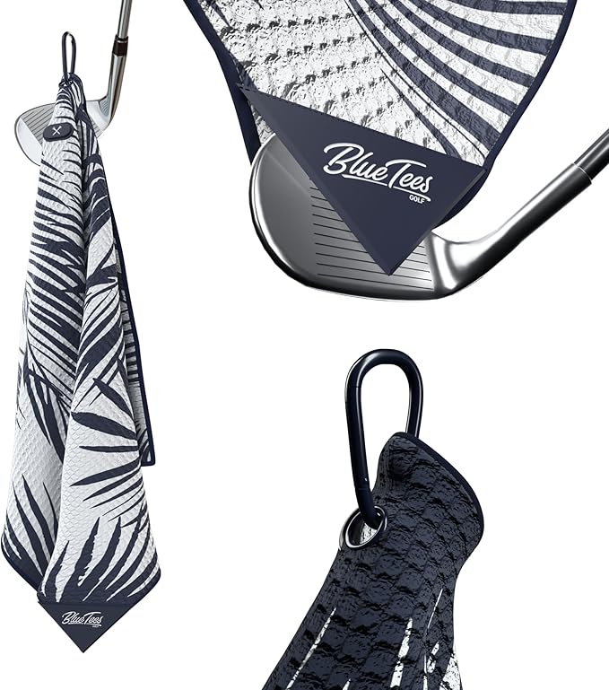 Blue Tees Golf Premium Magnetic Towel - Super Strong Magnet - Microfiber Waffle Design - Silicone Brush - Groove Cleaner - Bag Buckle