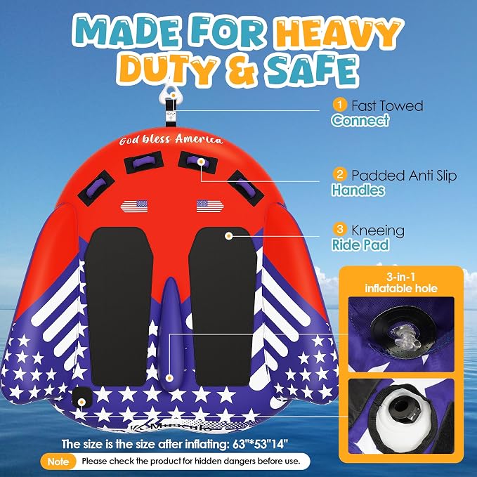 Towable Tubes for Boating - 2-3 Person Shark Battle Tank, Boat Tubes & Towables, EVA Foam Pads, Drainage, Super Safe Handle, Quick Connector