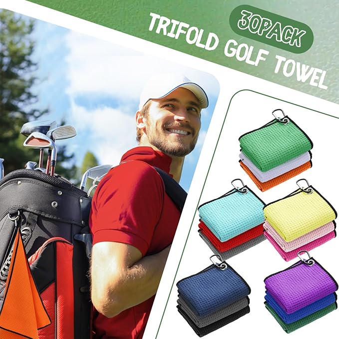 Batiyeer 30 Pcs Bulk Golf Towels for Golf Bags 16'' x 16'' Microfiber Fabric Golf Towel Waffle Pattern with Clip for Bags Men Mini Tournament Fitness Yoga Camping(Colorful)