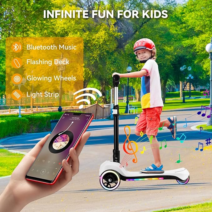 Electric Scooter for Kids w/150W Powerful Motor, Thumb Throttle, LCD Screen, Bluetooth, Light-Up Stem Deck & Wheels, 3 Adjustable Heights, 5MPH Safe Speed, 3 Wheel Electric Scooter for Kids