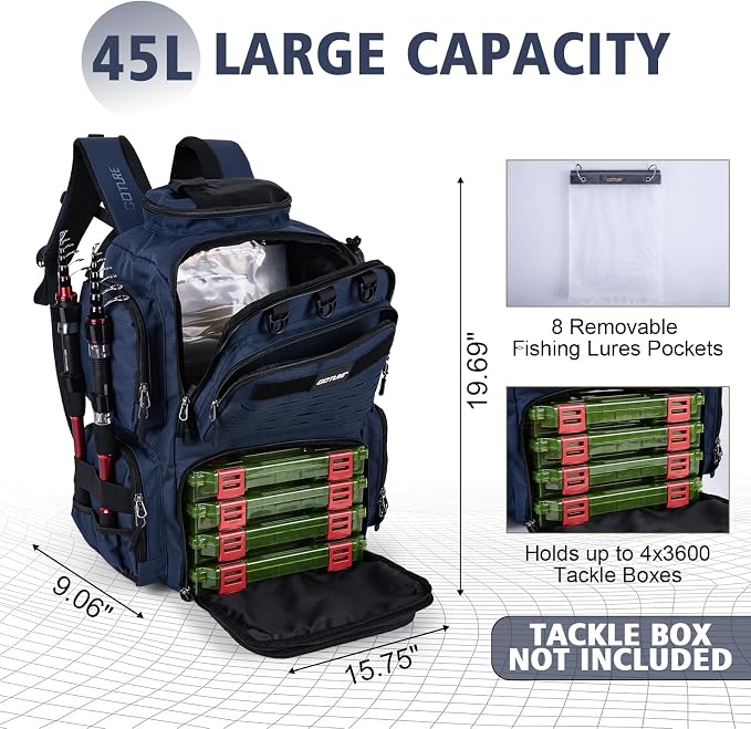 Goture Fishing Backpack,900D Water-Resistant Tackle Backpack with Rod Holders, SBS Zippers,45L Large Fishing Bag Storage Gear Tackle Bag with Rain Cover, Bottle Holder for Travel Camping Hiking