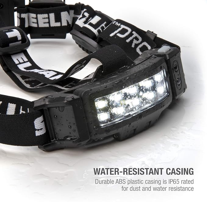 Steelman Pro Slim Profile LED Motion-Sensing Headlamp with Rear Safety Flasher, 3 Brightness Settings, 20m Beam, Water-Resistant, 3 AA Batteries