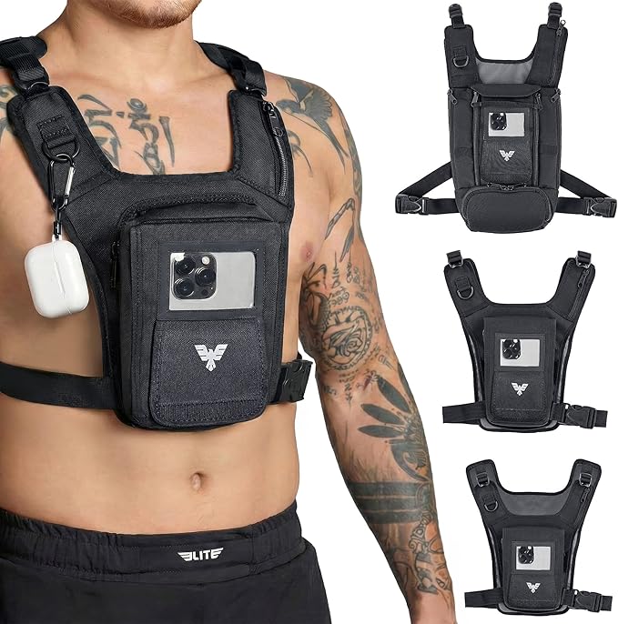 Elite Sports Running Vest w/Phone Holder for Men/Women, Reflective Lightweight Chest Pack w/Touch Friendly Phone Sleeve, Camera Pocket - Chest Rig for Hiking, Trail, Marathon, Camping