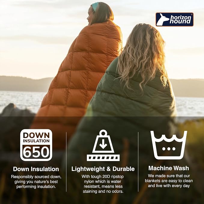 Horizon Hound Down Camping Blanket 650 Fill Power - Ultralight Backpacking Quilt (1lb 6oz) Warm & Water-Resistant 20D Nylon Shell for Outdoors, Camping, Hiking, Travel, & Stadium - Packable