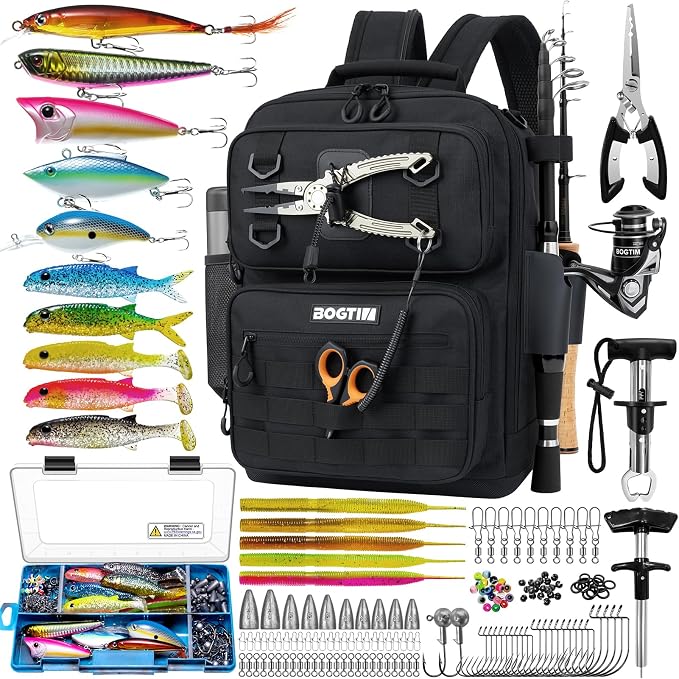 Fishing Backpack with Tackle Boxes and Rod Holders, Fishing Bag wtih Fishing Lure Kit Water-resistant Sling Tackle Bag Store Gear and Equipment, Bait Gifts for Men Woman Anglers-Dark Black Backpack