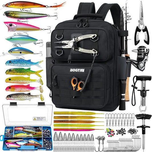 Fishing Backpack with Tackle Boxes and Rod Holders, Fishing Bag wtih Fishing Lure Kit Water-resistant Sling Tackle Bag Store Gear and Equipment, Bait Gifts for Men Woman Anglers-Dark Black Backpack