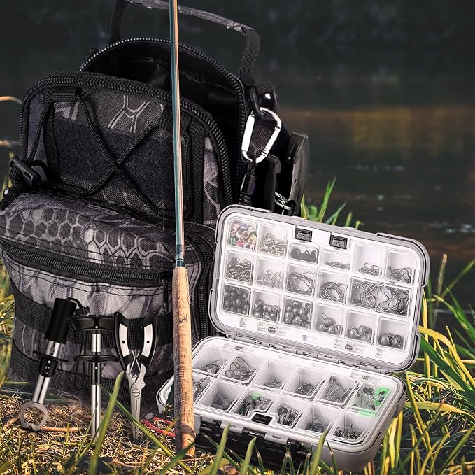 397 Pcs Fishing Accessories Kit Tools Include Backpack Fishing Tackle Box with Hooks Weights Sinkers Spinner Blade Gear