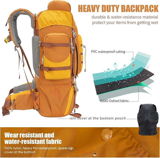 Bseash 70L (65+5) Waterproof Hiking Camping Backpack with Rain Cover, Outdoor Sport Travel Daypack for Climbing Touring (Yellow)
