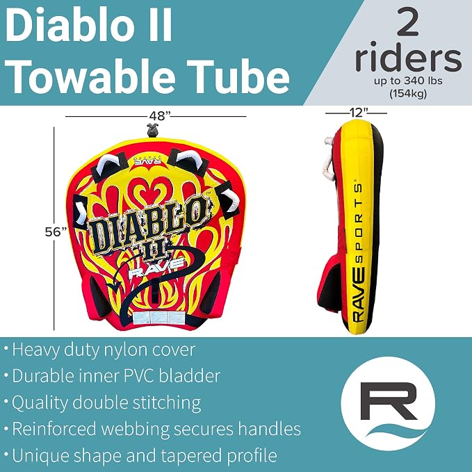 RAVE Sports Diablo II Boat Towable Tube - Inflatable Boating Tube for 1-2 Riders - Heavy-Duty Water Tube for Boats to Pull - Water Sports Towable with Quick Connector