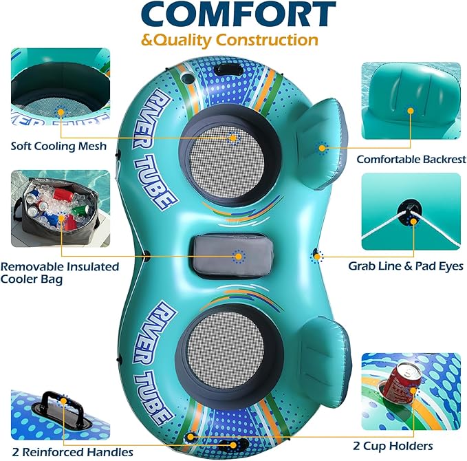 Jasonwell Heavy Duty 2 Person Inflatable River/Pool Tube Float with Removable Cooler, Tubes for Lake, Floating River Raft Lounge Floatie with 2 cup Holders For Adults, Cyan