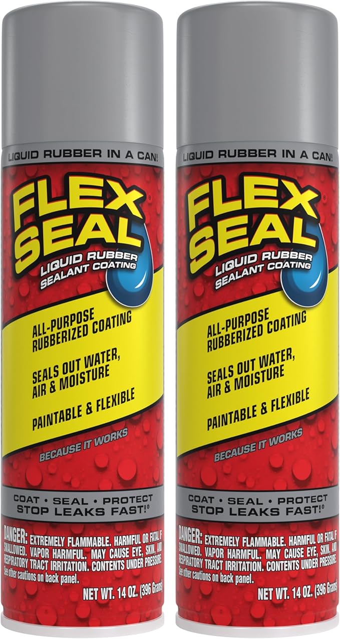 Flex Seal, 14 oz, 2-Pack, Gray, Stop Leaks Instantly, Waterproof Rubber Spray On Sealant Coating, Perfect for Gutters, Wood, RV, Campers, Roof Repair, Skylights, Windows, and More