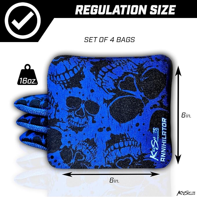 Killshots Cornhole | Annihilator Series | Limited Edition | Premium Cornhole Bags | Double-Sided Stick & Slide | Durable | Resin Filled | Regulation 6x6, 16oz | Set of 4 (Blue Reaper)