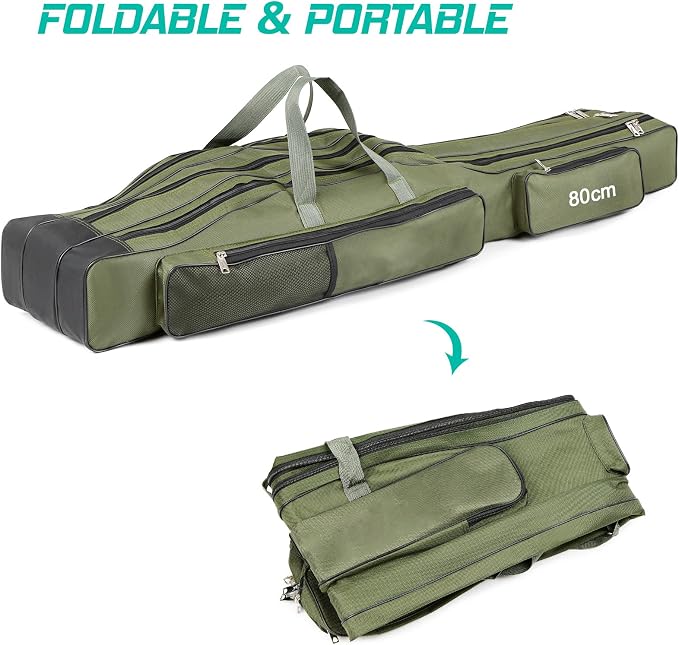 Fishing Rod Case with Fishing Tackle Box Portable Folding Rod Case Pole Reel Storage Bag Gears Organizer (80CM)