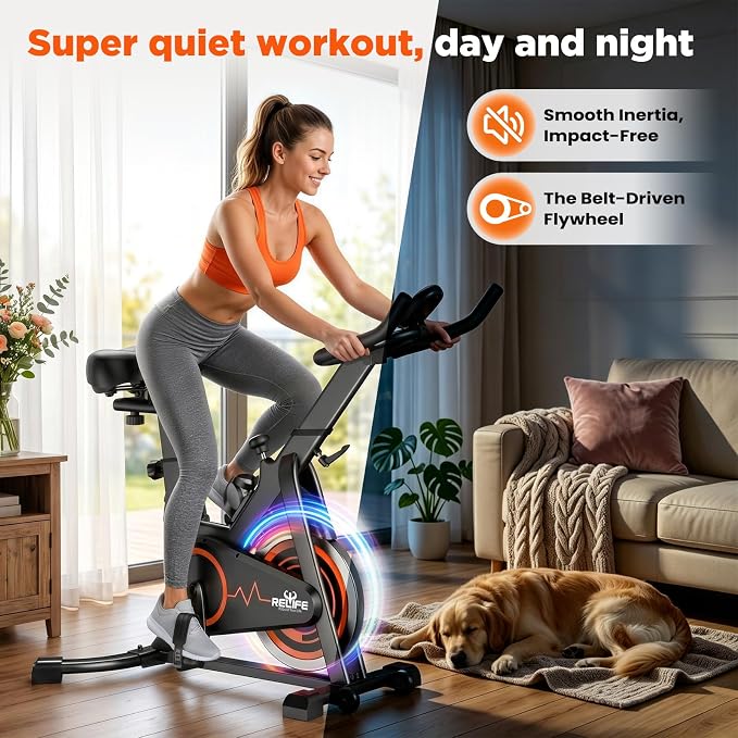 RELIFE REBUILD YOUR LIFE Exercise Bike Stationary for Home Indoor,Cycling Bike with Silent Belt Drive for Home Cardio,Brake Pad Resistance with djustable & Comfort Seat/PAD Holder/LCD Monitor.