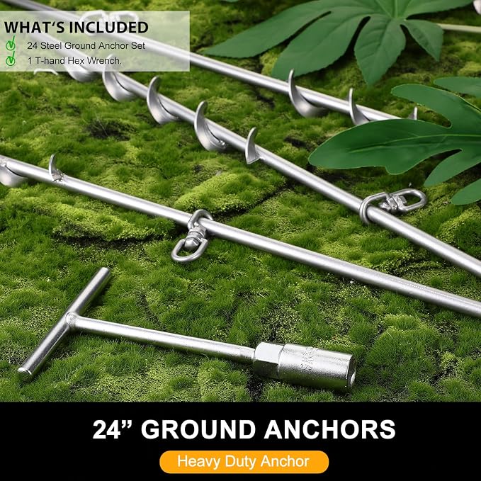Hiboom 4 Pcs Ground Anchors with T Handle Hex Wrench Trampoline Hook, Ground Anchor Screw in Kit, Inflatable Outdoor Decorations Accessories for Camping Tents Car Ports Canopies (Silver,24 Inch)