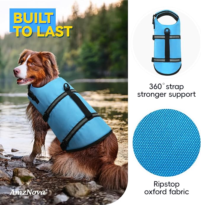 AMZNOVA Shark Dog Life Jacket + Rip Stop Dog Life Jacket, Durable Handle Reflective Buoyance