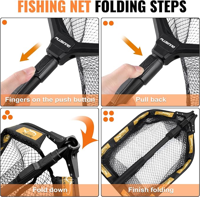 PLUSINNO Floating Fishing Net for Steelhead, Salmon, Fly, Kayak, Catfish, Bass, Trout Fishing, Rubber Coated Foldable Landing Net with Fixed or Telescoping Pole Handle, Fishing Gear and Gifts for Men