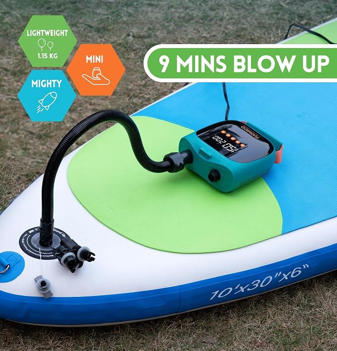 20PSI Paddle Board Pump Sup Air Pump Electric Portable Inflator & Deflator, Auto-Off, Mini Compressor for Inflatable Stand-up Paddleboard Kayak Wing Kite with 12V DC Car Plug-in Adapter