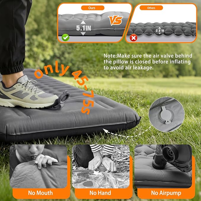 Camping Sleeping Pad, Extra Thick 5 Inch Self Inflating Camping Mat with Ultralight Sleeping Bag Liner Travel Sheet, Camping Pads with Pillow & Foot Pump for Outdoor Hiking, Backpacking, Travel(Grey)