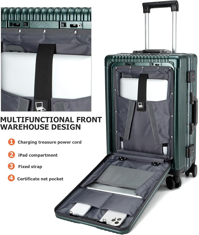 feilario Aluminium Frame PC Hard Shell Spinner Wheels Luggage,22.5"X15"X9.5" Airline Approved Built-In TSA lock Carry on Suitcase, with Cup Holder, USB Port, Phone Holder