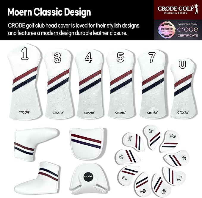 CRODE Golf Club Head Covers Premium Leather for Iron(9pcs/Set), Driver, Fairway Wood, Hybrid, Blade Putter, and Mallet Putter Cover Fit Most Brands