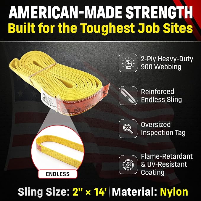 DD Sling 2" x 14' Nylon Endless Lifting Sling – USA Made, 12,800 lb Vertical, 10,200 lb Choker, 25,600 lb Basket – 2 Ply Heavy Duty 900 Webbing, Type 5 Endless Rigging Sling