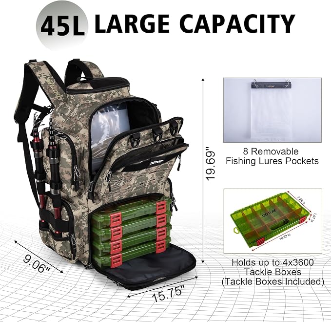 Goture Fishing Backpack with 4 Tackle Boxes,900D Water-Resistant Tackle Backpack with Rod Holders,SBS Zippers,45L Large Tackle Storage Gear Bag with Rain Cover,Bottle Holder for Travel Camping Hiking