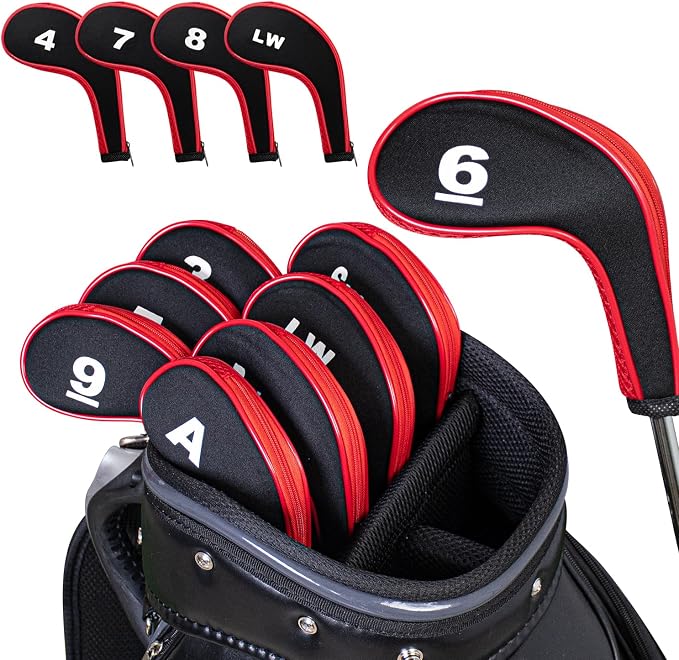 Golf Club 12pcs Thick Synthetic Zipper Long Neck Set Headcover Fit The Most Brands, Side Number Golf Iron Club Head Cover LW SW PW Covers #3,4,5,6,7,8,9