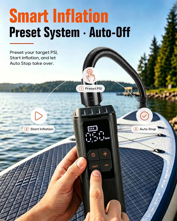 Mini Paddle Board Pump, Portable SUP Air Pump with Battery, Lightweight Electric Inflator 12 PSI Auto Shut-Off, USB-C Rechargeable for Paddle Boards, Kayak, Pool Floats