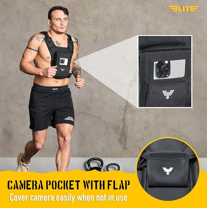 Elite Sports Running Vest w/Phone Holder, Gun Holster for Men/Women, Reflective Lightweight Chest Pack w/Touch Friendly Phone Sleeve, Camera Pocket - Chest Rig for Hiking, Trail, Marathon, Camping