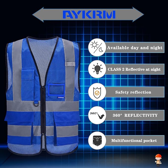 A-SAFETY High Visibility Mesh Safety Reflective Vest with Pockets and Zipper,Hi Viz Work Vest for Men Women (Blue Mesh XL)