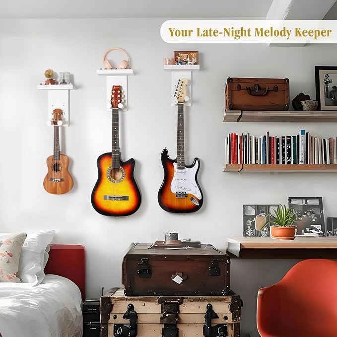 Keebofly Guitar Wall Mount 3-Pack - Rustic Wood Guitar Hanger with Pick Holder for Acoustic, Electric, Bass Guitars & Ukulele (Matte White, Screw-Mounted) [Patented]