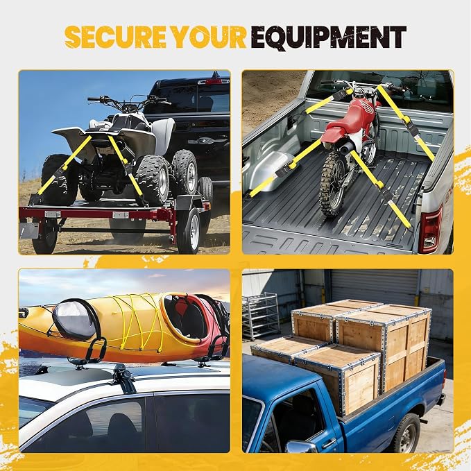 1" x20FT Extra Long Ratchet Straps (4-Pack) - 1750lb Capacity Heavy Duty Tie Downs for Truck, Trailer, Motorcycle, Construction & Large Equipment - Yellow