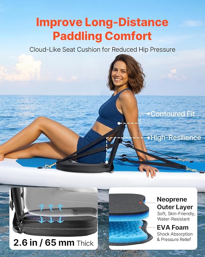 VEVOR Kayak Seat, Universal Paddle Board Seat with Adjustable Back Support, Multiple Thickness Options (0.5” to 2.6”), Soft Padded Cushion & Storage Bag for SUP, Canoe, Fishing Boat, Inflatable Kayak
