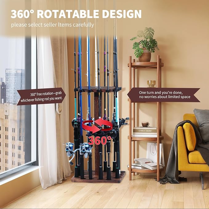 360° Rotating Fishing Rod Holder, Natural Wooden Fishing Pole Rack Stores 16 Rods, Floor-Standing Fishing Rod Storage Organizer with Rounded Clips for Garage, Basement, or Shed, Easy to Install