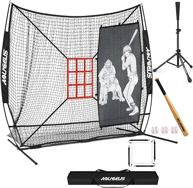 7'X7' Softball Practice Net - Pitching & Batting Net with Baseball Tee, Batter Dummy, Strike Zone & Bow Frame