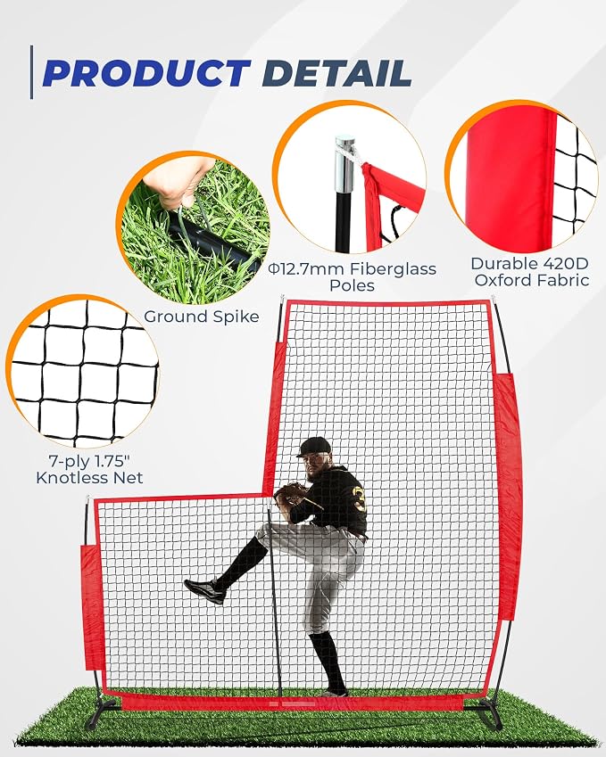 Baseball L Screen for Batting Cage, 7x7ft Pitcher Protector Net for Pitchers Protection, Includes Portable Carry Bag, 4 Ground Stakes