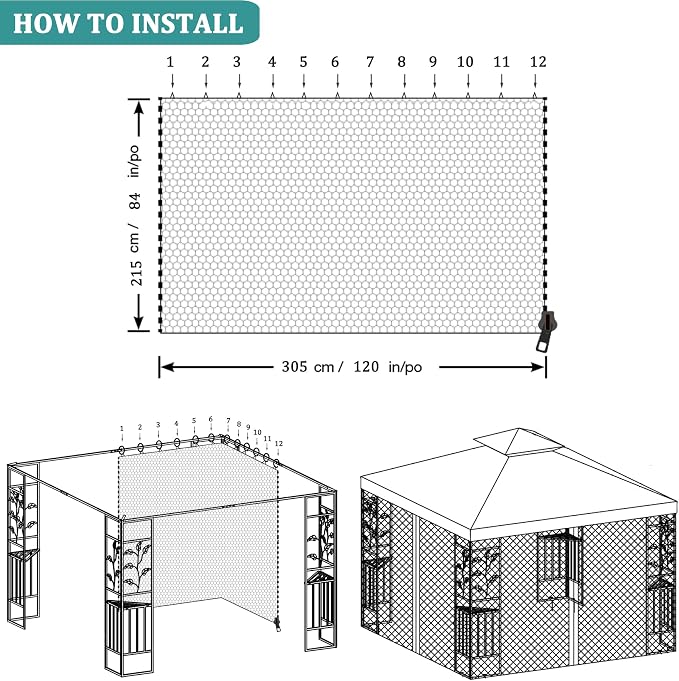 10x10ft Universal Replacement Mosquito Netting, Universal Gazebo Netting with Zippers for Outdoor Garden Patio Gazebo 4-Panel Screen Sidewalls, Black (Mosquito Net Only)