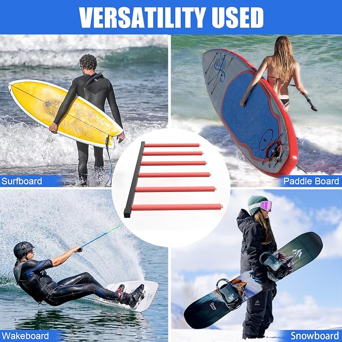 2025 Upgrade Surfboard Wall Mount, Surfboard Rack with Rubber Mat & Bungee Cord, 6 Arms Vertical Surfboard Wall Rack Garage Storage for Wall Holds 5-6 Boards