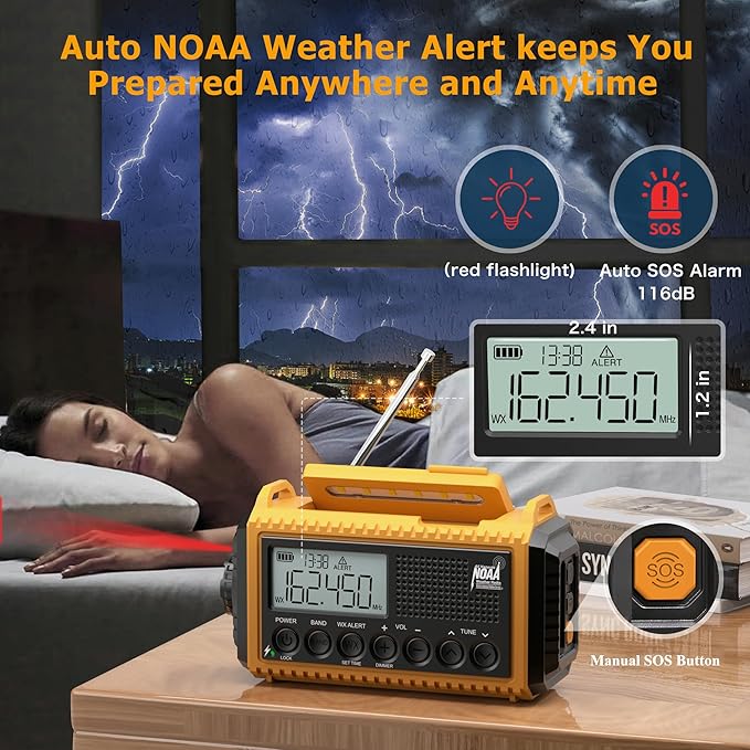 Eoxsmile Emergency Radio 12000mAh with NOAA Weather Alert - Solar/Crank/Battery Powered AM/FM/Shortwave Radio, USB-C Charger, Portable SOS Flashlight for Hurricane, Power Outage, Camping Survival Gear