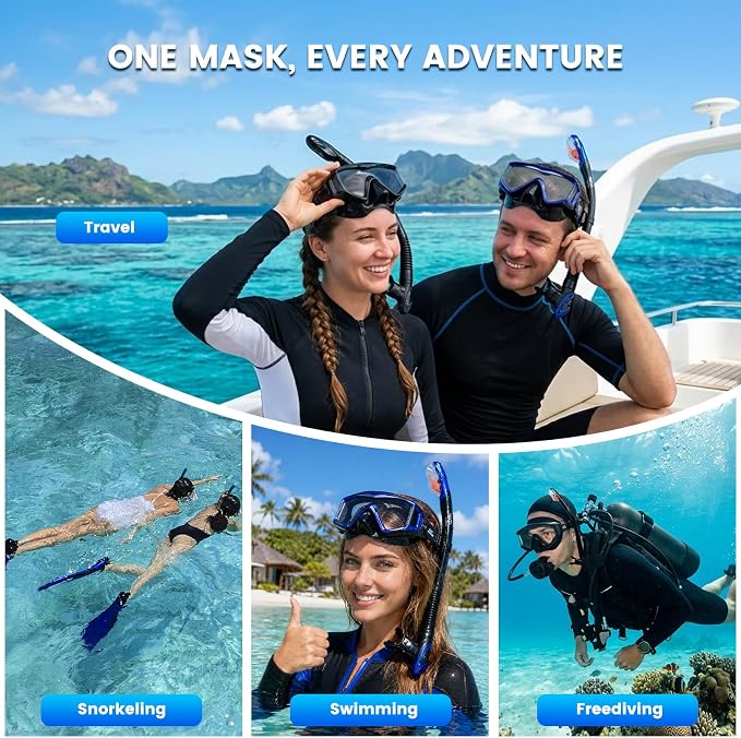 2 Pack Snorkel Mask for Adults - 180° Panoramic View, Anti-Fog Shatterproof PC Lens, Dry Snorkel Set for Diving, Swimming & Travel