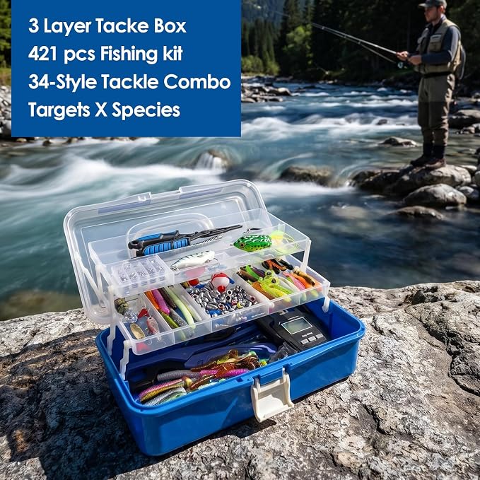 Fishing Lures Kit, 421PCS Tackle Box-(Blue) | Included Fishing Pliers, Hooks, Soft Baits, Weights,Accessories - Complete Freshwater Bass Fishing Gear Kit for Men with Gift