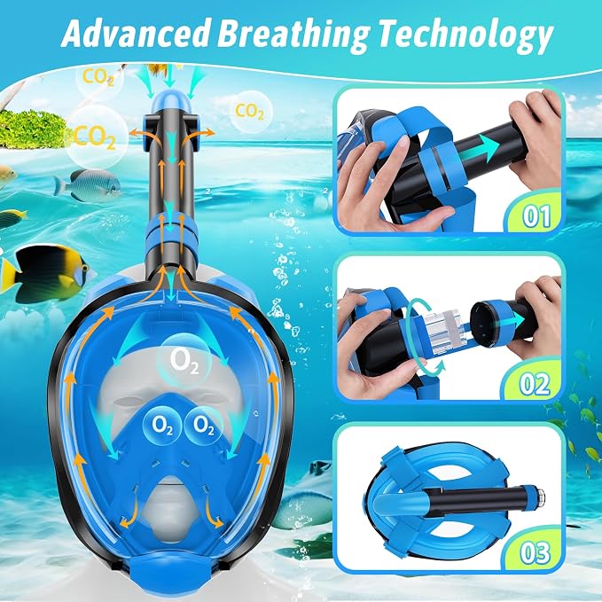 Greatever G2 Adults Kids Full Face Snorkel Mask 2 Pcs,Snorkeling Gear with Latest Dry Top System,Foldable 180 Degree Panoramic View,Safe Breathing,Anti-Leak&Anti-Fog Snorkeling Mask with Camera Mount