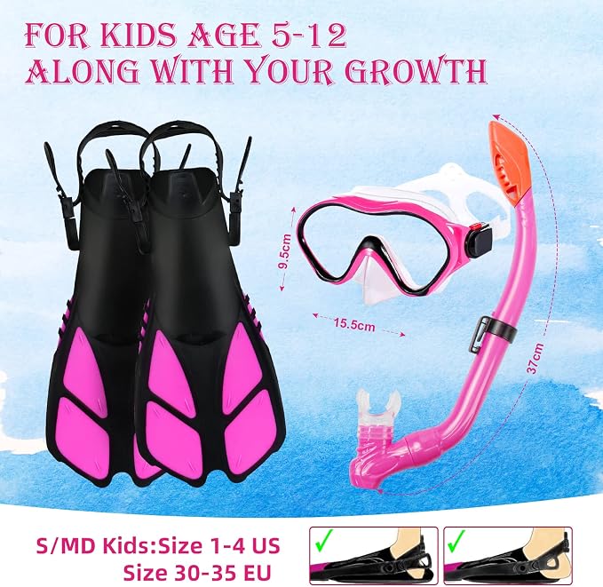 Kids Snorkeling Set - Adjustable Flippers + Panoramic Snorkel Mask + Dry Snorkel Tube + Travel Bags - Suitable for Kids & Juniors, Age 5-14