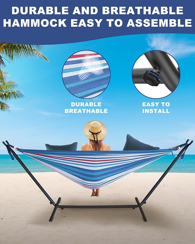 EveryFun Double Hammock with Heavy-Duty Steel Stand,Portable,Easy Assembly,600lbs Weight Capacity,Suit for Indoor,Yard,Camping,or Outdoor-Fine Blue