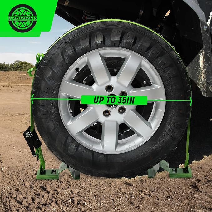 Heavy Duty Wheel Chock Tie Down Straps Set (4PK) - 4,400lb Guaranteed Max Break Strength, (2) 2" x 8' Trailer Tire Straps with (8) Wheel Chocks for ATV, UTV or Tractors