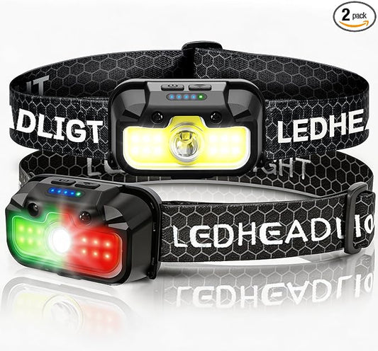 HOKOILN 2-Pack LED Headlamp Rechargeable with Green & Red Light -1300 Lumen Ultra-Bright Flashlight Headlight for Camping, Running, Hiking, Fishing - Waterproof with 7 Modes